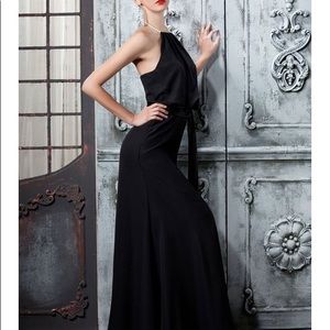 NWOT Black gown with halter pearl neck closure